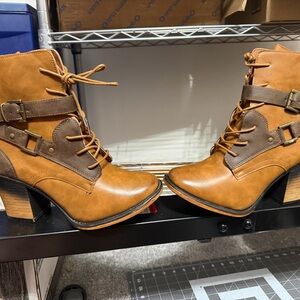 Pierre Dumas Tan & Brown Lace-Up Ankle Boots with Buckle Accent